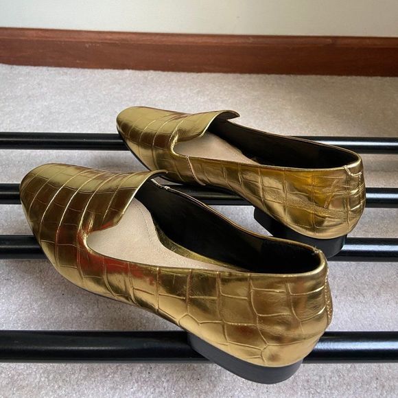 SCHUTZ Women Flor Metallic Gold Croc Embossed Leather Loafers - NEW NWOB - Picture 4 of 8
